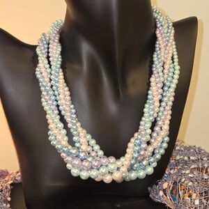 Elegant Vintage Multicolor, Multistrand Pearl Necklaces, 3 Pair of Stud Earrings